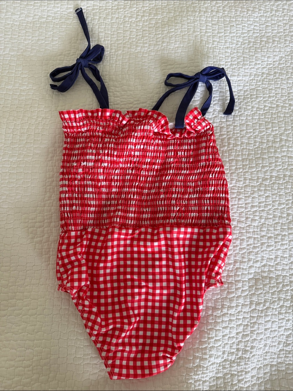 Girls Red Gingham smocked One-Piece Swimsuit with Navy Ties